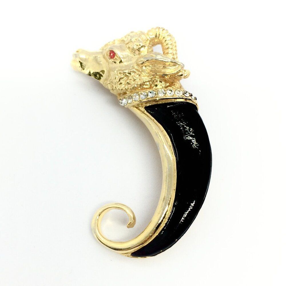 VINTAGE RAM HEAD Brooch Black Enamel Horn Gold Tone Rhinestone 80s Pin